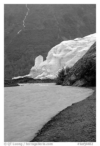 Exit Glacier, glacial outwash plain, and glacial stream, 2002. Kenai Fjords National Park (black and white)