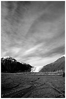 Sky, Resurrection River and Exit Glacier, morning. Kenai Fjords National Park, Alaska, USA. (black and white)