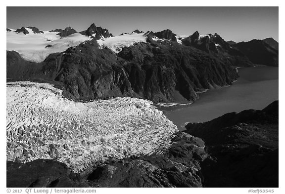 Aerial View of Holgate Glacier flowing into Holgate Arm. Kenai Fjords National Park (black and white)