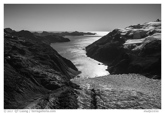 Aerial View of Holgate Glacier and backlit Holgate Arm. Kenai Fjords National Park (black and white)