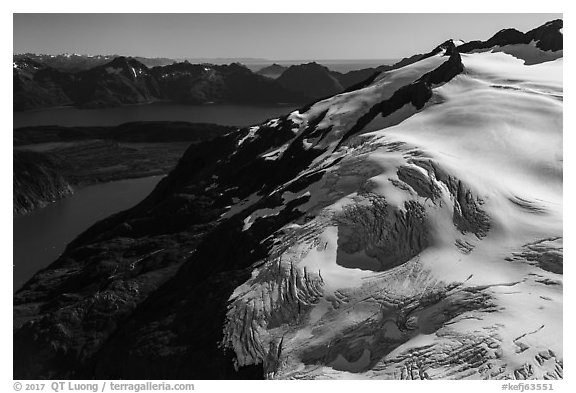 Aerial View of Harding Icefield above Aialik Bay. Kenai Fjords National Park (black and white)