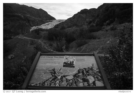 Exit Glacier was here interpretive sign. Kenai Fjords National Park (black and white)