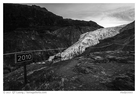 Sign indicating location of Exit Glacier in 2010. Kenai Fjords National Park (black and white)