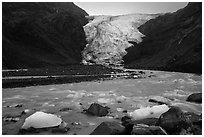 Glacial stream and Exit Glacier, 2016. Kenai Fjords National Park ( black and white)