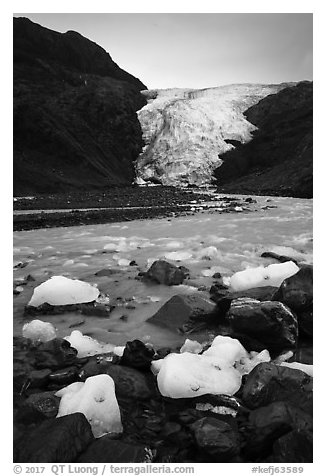 Icebergs, glacial stream, and Exit Glacier, 2016. Kenai Fjords National Park (black and white)