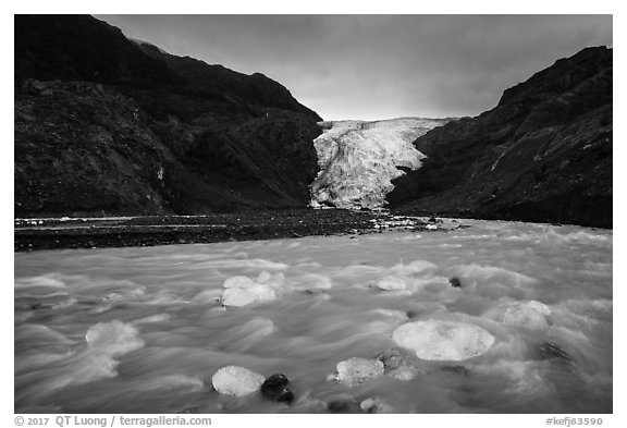 Transluscent icebergs in glacial stream, Exit Glacier. Kenai Fjords National Park (black and white)