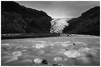 Transluscent icebergs in glacial stream, Exit Glacier. Kenai Fjords National Park ( black and white)