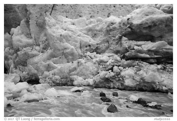 Stream and ice wall, Exit Glacier. Kenai Fjords National Park (black and white)