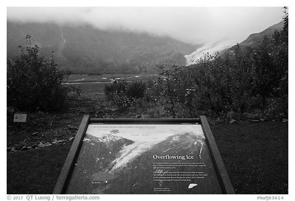 Overflowing Ice interpretive sign. Kenai Fjords National Park (black and white)