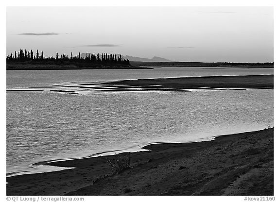 Sand bar shore, river, row of spruce trees,  and Baird mountains, evening. Kobuk Valley National Park (black and white)