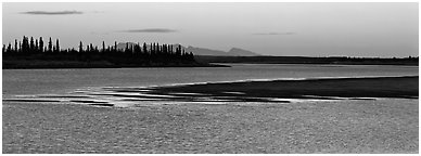 River landscape with ripples on water at dusk. Kobuk Valley National Park (Panoramic black and white)