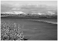 Kobuk River and Baird mountains with fresh dusting of snow, morning. Kobuk Valley National Park ( black and white)
