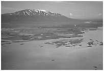 Aerial view of estuary and snowy peak. Lake Clark National Park ( black and white)