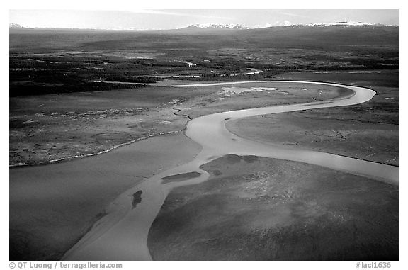 Aerial view of river and estuary. Lake Clark National Park (black and white)