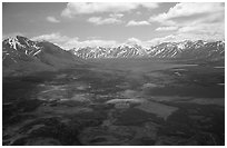 Aerial view of large valley with Twin Lakes. Lake Clark National Park, Alaska, USA. (black and white)