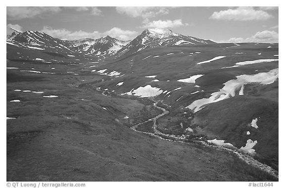 Aerial view of river and valley in the Twin Lakes area. Lake Clark National Park (black and white)