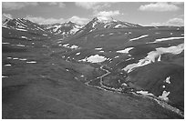 Aerial view of river and valley in the Twin Lakes area. Lake Clark National Park, Alaska, USA. (black and white)