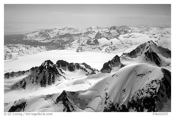Aerial view of icefields and peaks, Chigmit Mountains. Lake Clark National Park (black and white)
