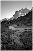 Stream on plain  below the Telaquana Mountains, late afternoon. Lake Clark National Park ( black and white)