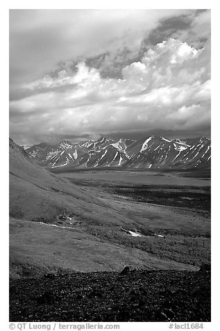 Tundra slopes and Twin Lakes. Lake Clark National Park (black and white)