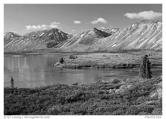 Twin Lakes mouth, morning. Lake Clark National Park (black and white)