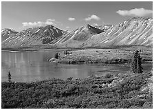 Twin Lakes mouth, morning. Lake Clark National Park ( black and white)