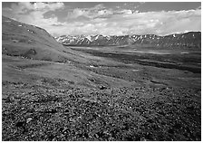 Tundra with Twin Lakes and mountains in the distance. Lake Clark National Park ( black and white)