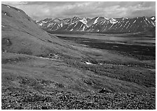 Tundra-covered hills and Twin Lakes. Lake Clark National Park ( black and white)