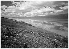 Clouds and reflections from above Turquoise Lake. Lake Clark National Park, Alaska, USA. (black and white)