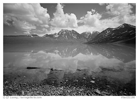 Clouds and Telaquana Mountains above Turquoise Lake, from the middle of the lake. Lake Clark National Park (black and white)