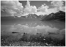 Clouds and Telaquana Mountains above Turquoise Lake, from the middle of the lake. Lake Clark National Park ( black and white)