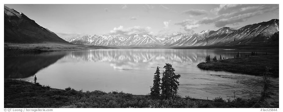 Mountains reflected in Twin Lakes. Lake Clark National Park (black and white)