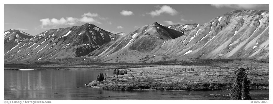 Mountains rising above Twin Lakes. Lake Clark National Park (black and white)