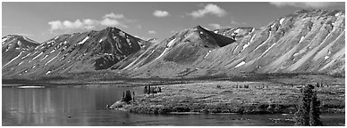 Mountains rising above Twin Lakes. Lake Clark National Park (Panoramic black and white)