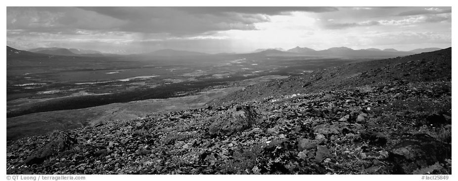 Summer tundra scenery with distant storm. Lake Clark National Park (black and white)