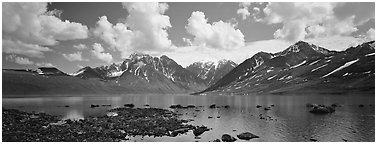Mountain lake landscape. Lake Clark National Park (Panoramic black and white)