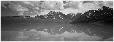 Clouds and mountains reflected in Turquoise Lake. Lake Clark National Park (Panoramic black and white)