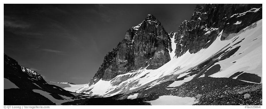 Rocky peaks with early summer snow. Lake Clark National Park (black and white)