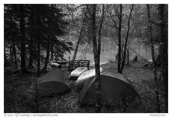 Camping next to Kontrashibuna Lake. Lake Clark National Park (black and white)