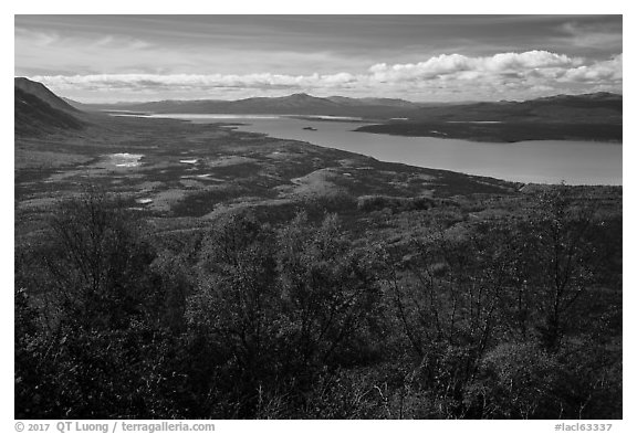 Lake Clark from Tanalian Mountain in the autumn. Lake Clark National Park (black and white)