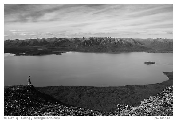 Visitor looking, Lake Clark from Tanalian Mountain. Lake Clark National Park (black and white)