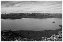 Visitor looking, Lake Clark from Tanalian Mountain. Lake Clark National Park ( black and white)