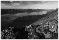 Lichen-covered rocks, Lake Clark from Tanalian Mountain. Lake Clark National Park ( black and white)