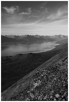 Lake Clark from Tanalian Mountain, looking north, afternoon. Lake Clark National Park ( black and white)