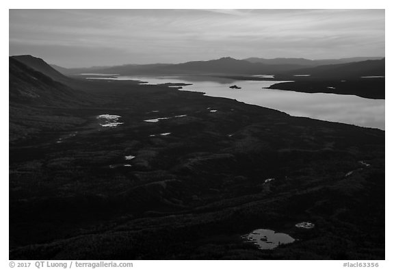 Lake Clark from Tanalian Mountain at sunset, looking south. Lake Clark National Park (black and white)