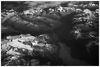 Aerial view of Tuxedni Bay and Chigmit Mountains. Lake Clark National Park ( black and white)