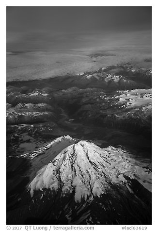 Aerial view of Redoubt Volcano and sea of clouds. Lake Clark National Park (black and white)