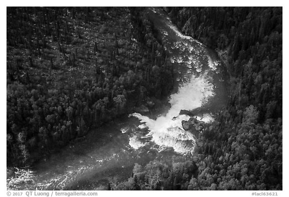 Aerial view of Tanalian River and Falls. Lake Clark National Park (black and white)
