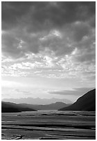 Sky and Copper River. Wrangell-St Elias National Park, Alaska, USA. (black and white)