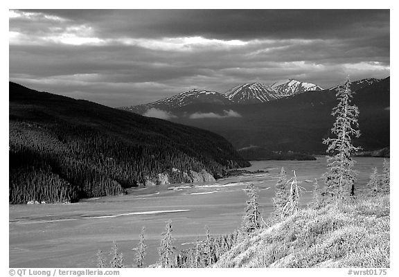 Chitina river valley, snowy peaks, and storm light. Wrangell-St Elias National Park (black and white)
